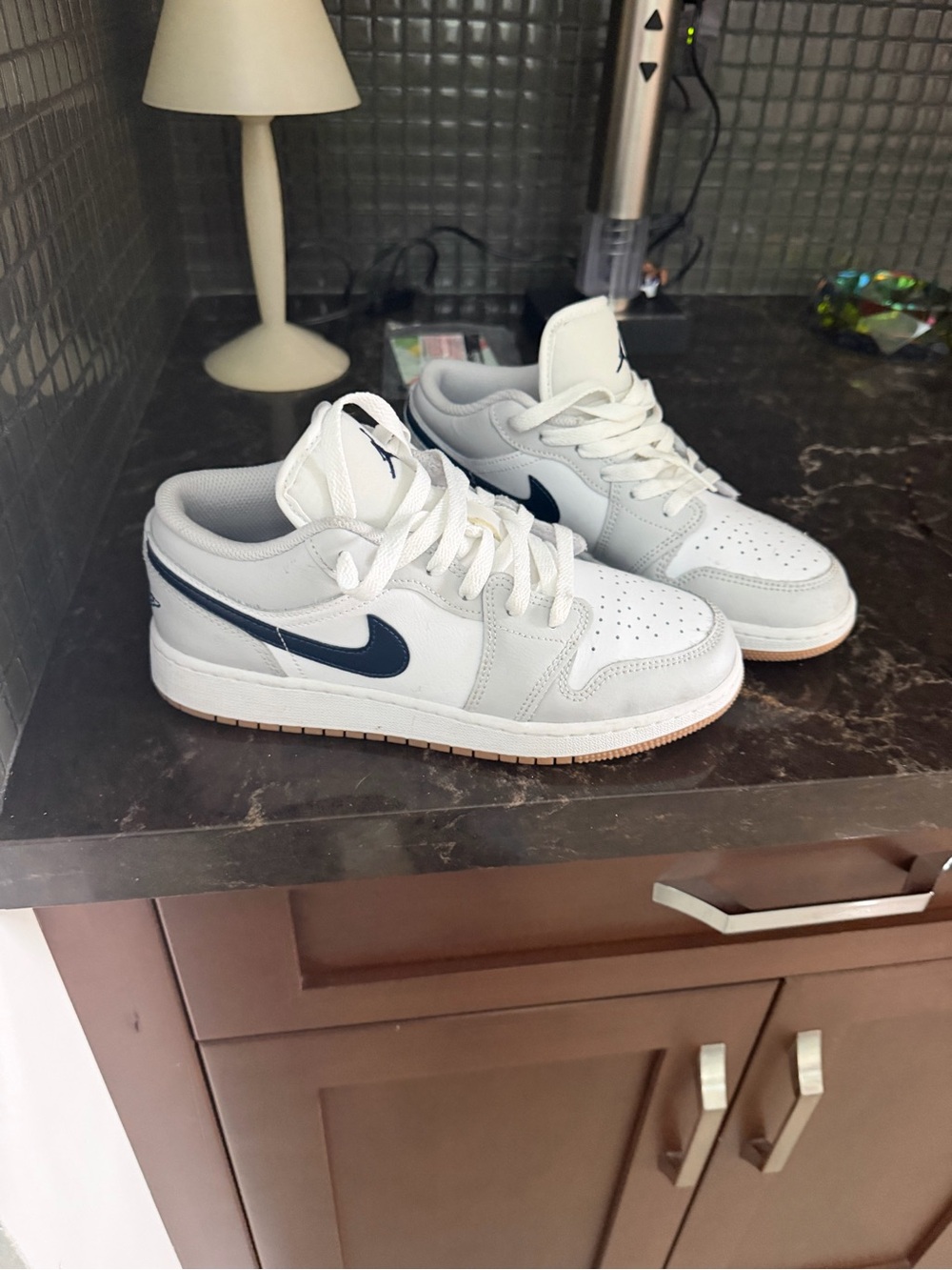 Nike Jordan 1 Kids White and Navy Low-Top Sneakers with Gum Outsole